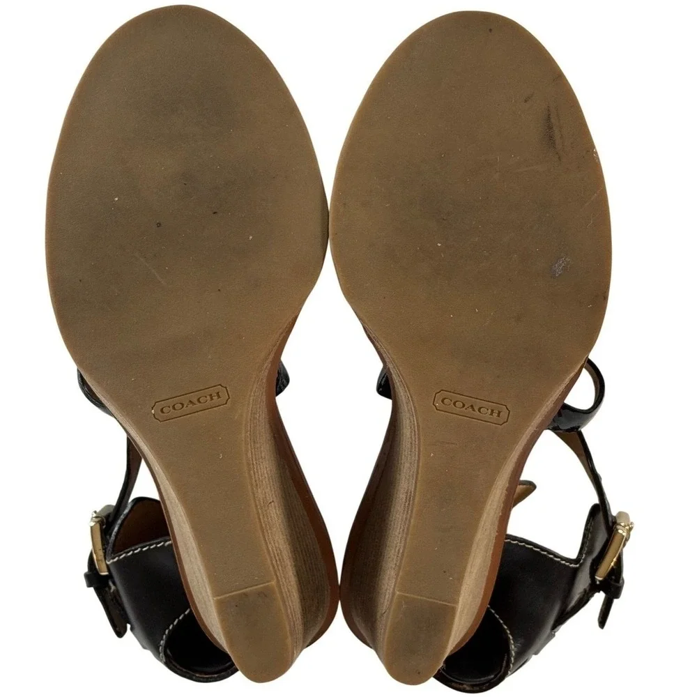 Coach Black Leather Patent Wedge Sandals Ankle Strap 3